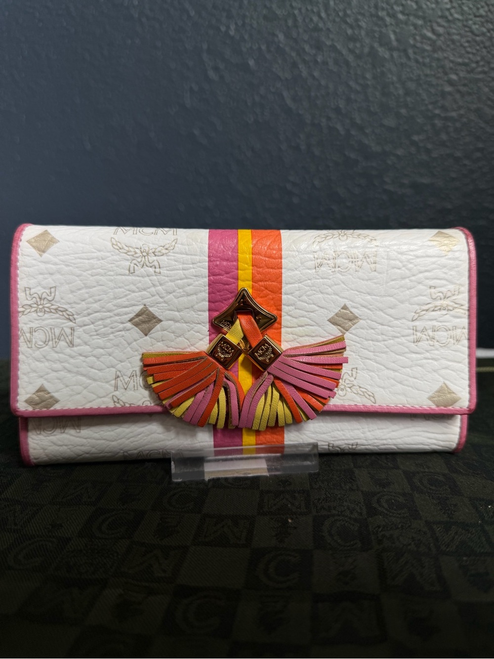 MCM White Leather Continental Wallet with Pink, Orange & Yellow Tassel
